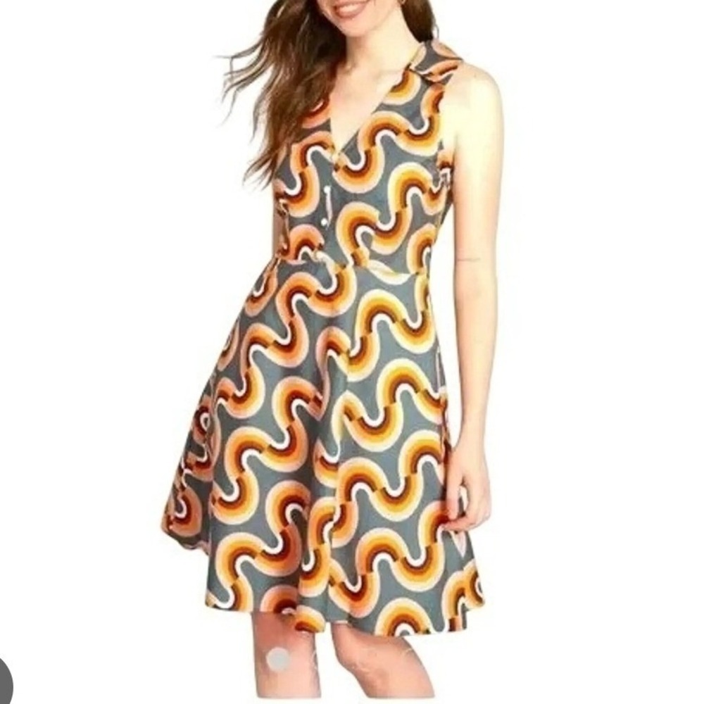 ModCloth Mod As Well Retro Rainbow Swirl Cotton Fit Flare Dress Pockets 10